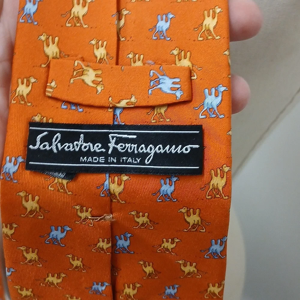 Salvatore Ferragamo Orange Silk Tie with Blue and Yellow Camels